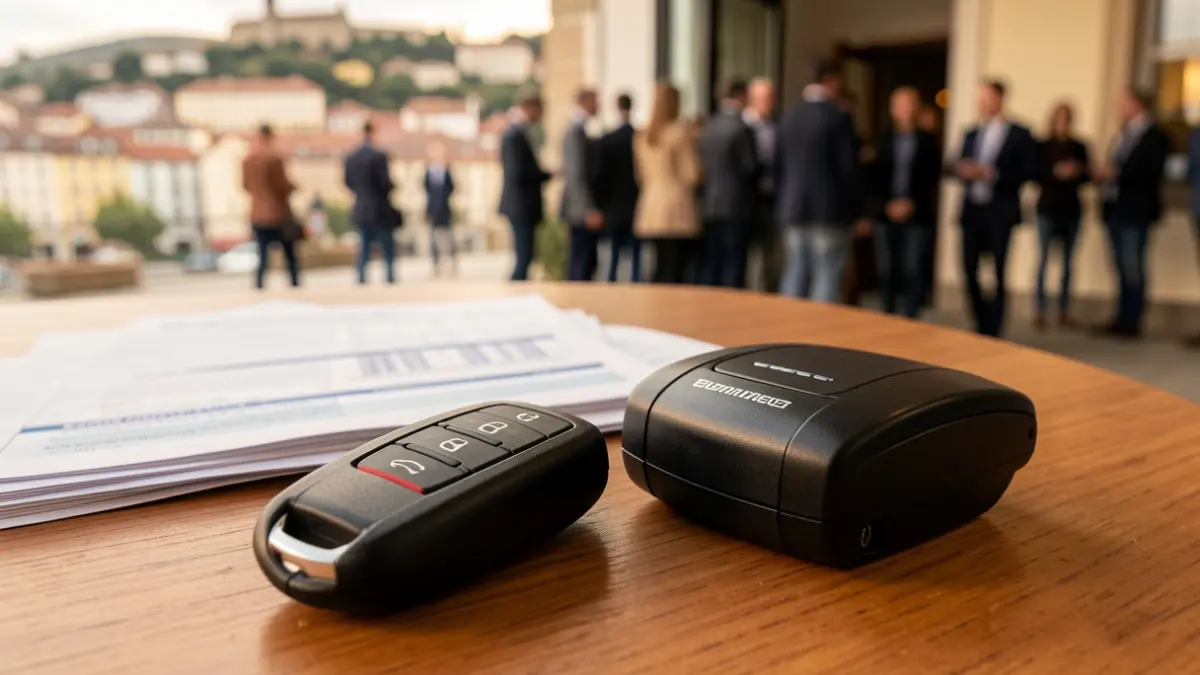 Irudi generikoa: auto baten giltza eta garaje baten irekigailua mahai baten gainean, finantza-dokumentu lausoak eta Bilbo hiriko zati bat atzealdean.