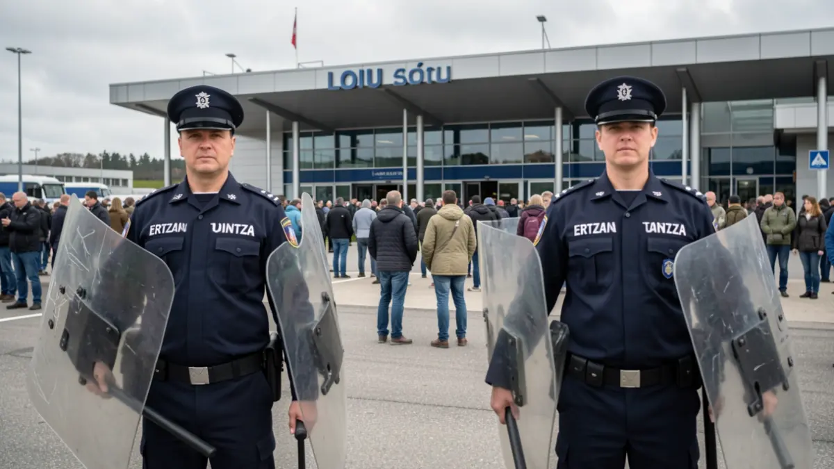 Imagen genérica: Agentes de la Ertzaintza frente a la terminal del aeropuerto de Loiu, con una multitud difuminada al fondo.