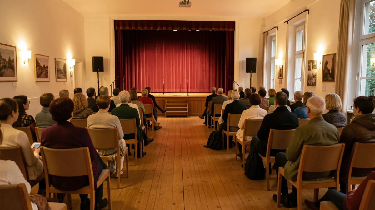 Interior of a cultural center with a small stage and cozy atmosphere.