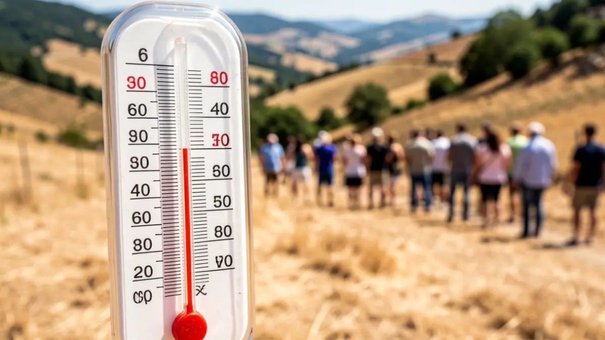 Thermometer showing high temperatures with a dry landscape in the background.