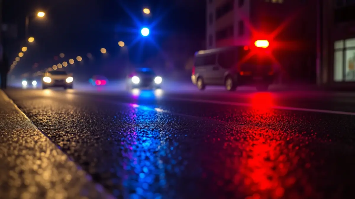 Imagen genérica: luces rojas y azules de emergencia reflejándose en asfalto mojado por la noche, sugiriendo una tormenta.