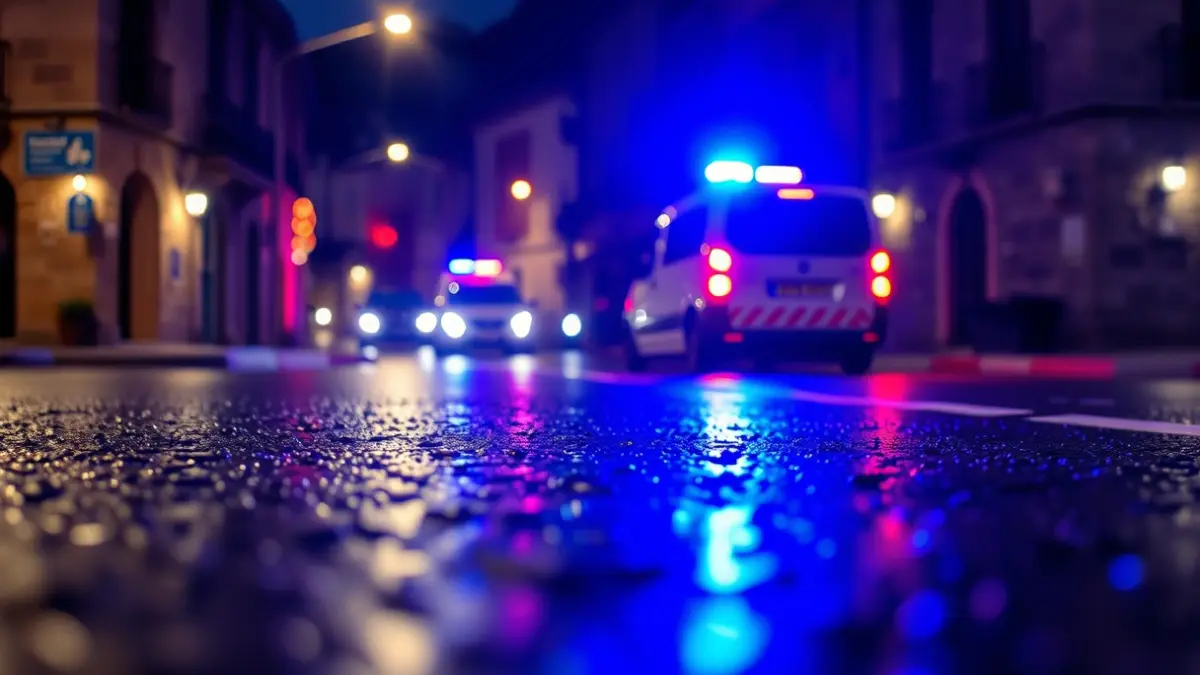 Generic image: Emergency lights reflecting on wet asphalt, in a Basque urban setting.