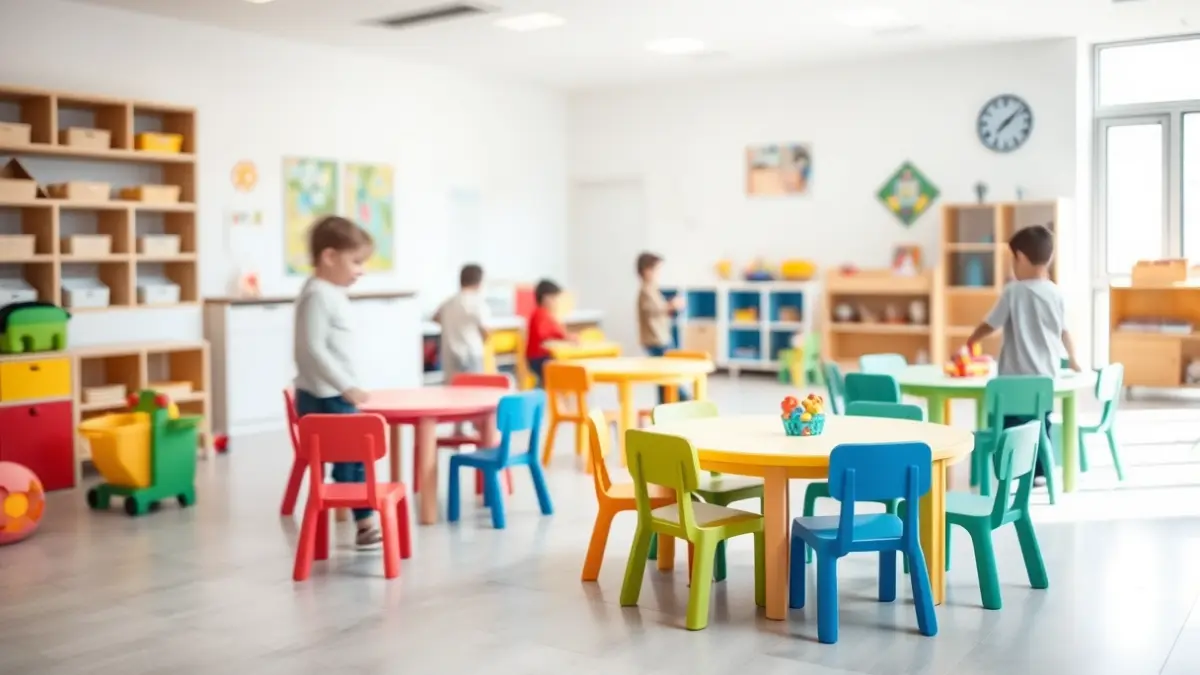 Haurreskola baten barrualdeko irudi generikoa, haur txikientzako altzariekin eta jostailuekin.
