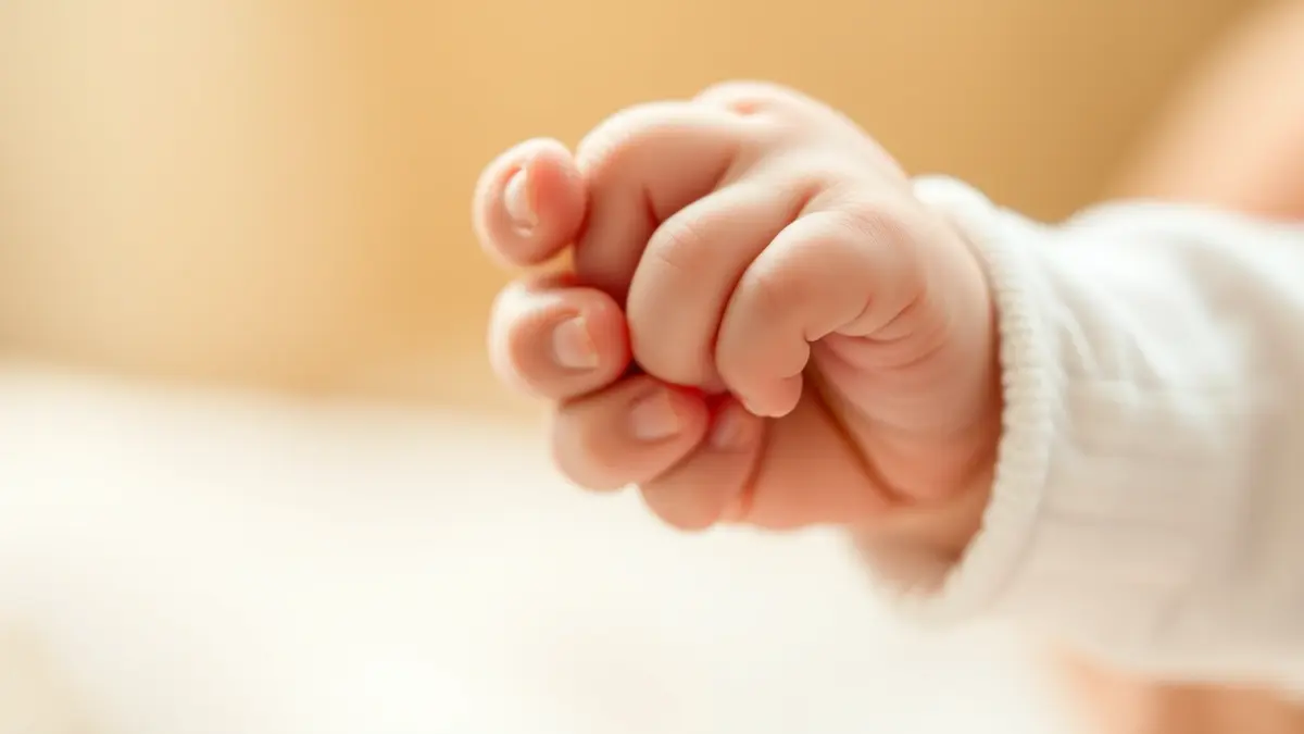 A baby's tiny hand grasping an adult's finger, symbolizing new life and growth.