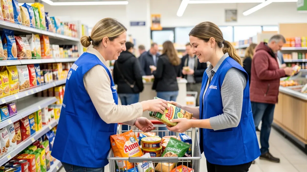 Volunteers collecting food donations in a supermarket.