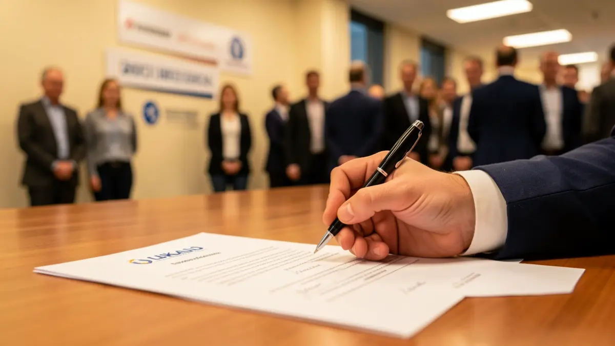 Generic image: hand signing a document on a desk, with blurred business association logos in the background.