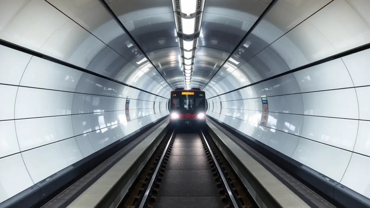 Generic image of a modern subway tunnel with bright lights and an approaching train.