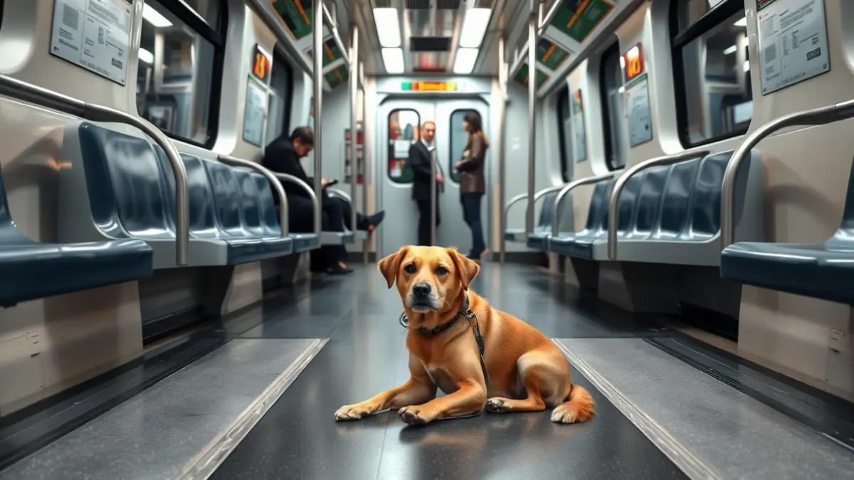 Generic image of a subway car interior, with empty seats and some blurred passengers in the background.