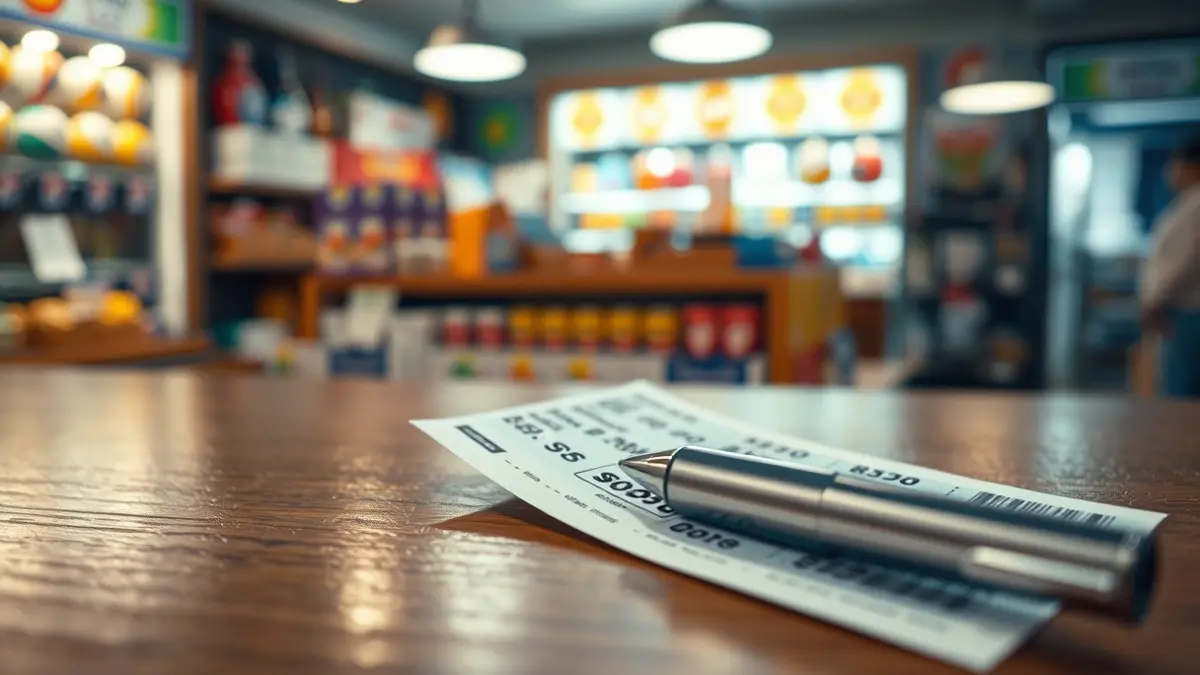 Generic image of a lottery ticket with blurred numbers and a pen, on a wooden counter.
