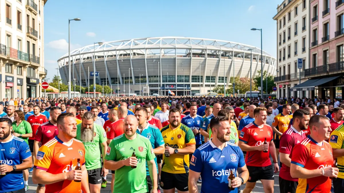 Generic image: Rugby fans filling the streets of Bilbao with San Mamés stadium in the background.