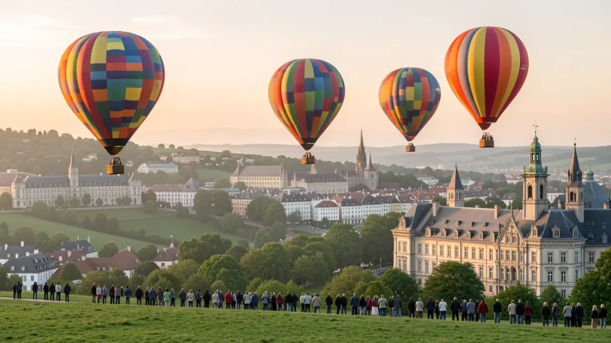 Irudi generikoa bost globo aerostatiko Vitoria-Gasteiz hiriaren gainean.