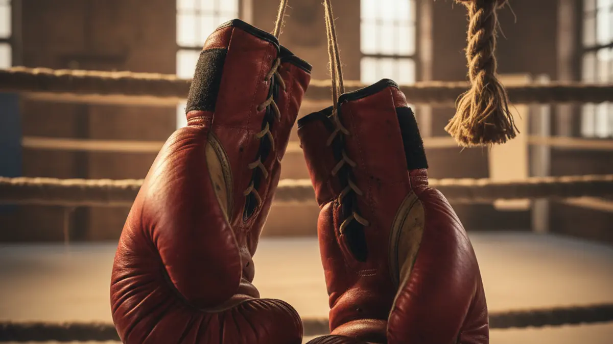 Boxeo eskularruak soka batean zintzilik, gimnasio ilun batean.