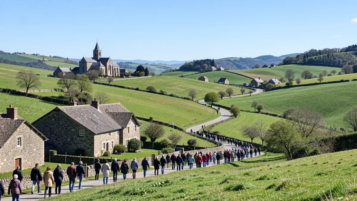 A scenic view of the Basque Country landscape with rolling green hills and traditional farmhouses, a winding road leading towards medieval churches in the distance.