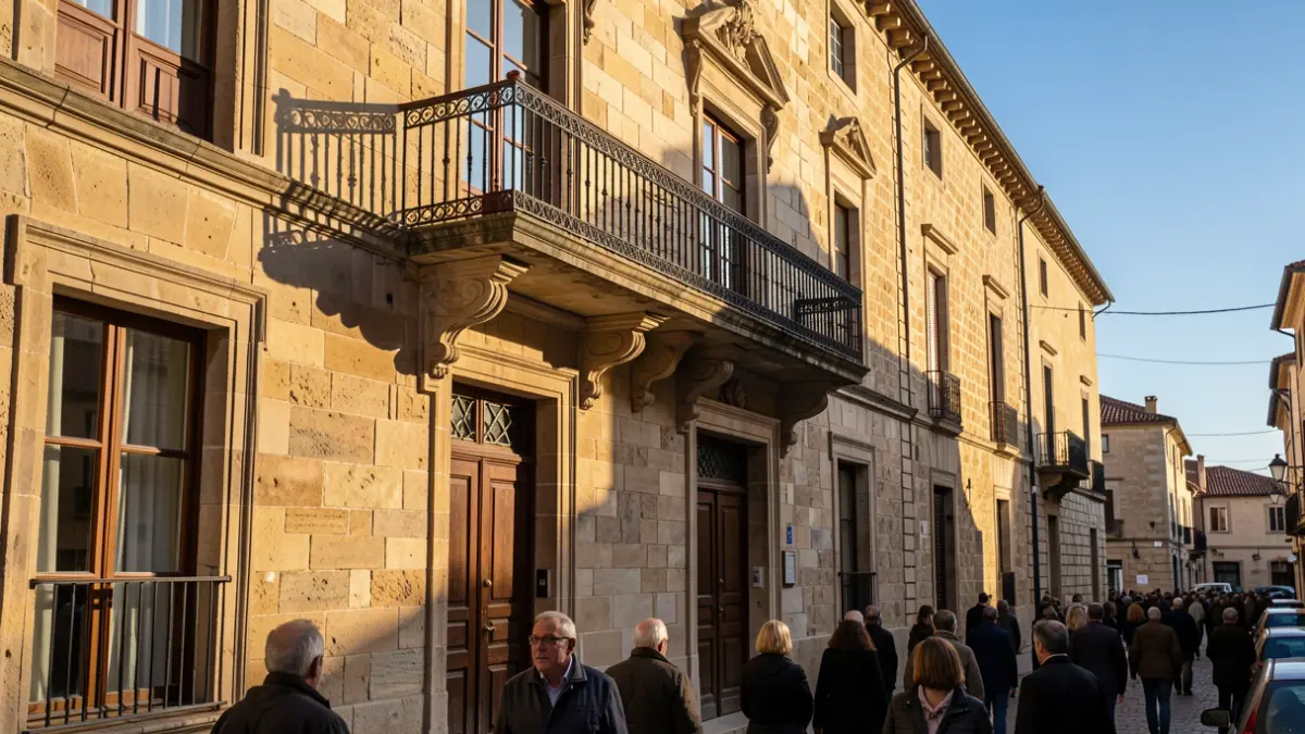 Imagen genérica de la fachada de un ayuntamiento vasco de piedra con balcón y barandillas de hierro, bajo la luz del sol de la tarde.