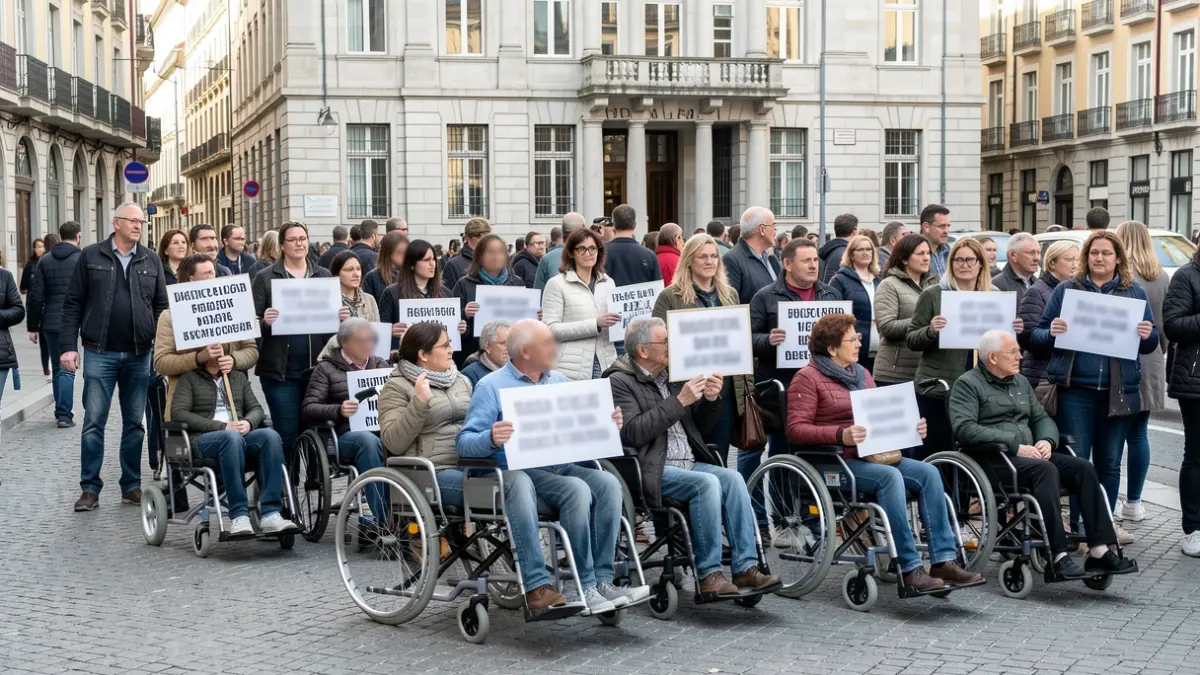 Protest crowd on a city street, in front of a public building in Bilbao.