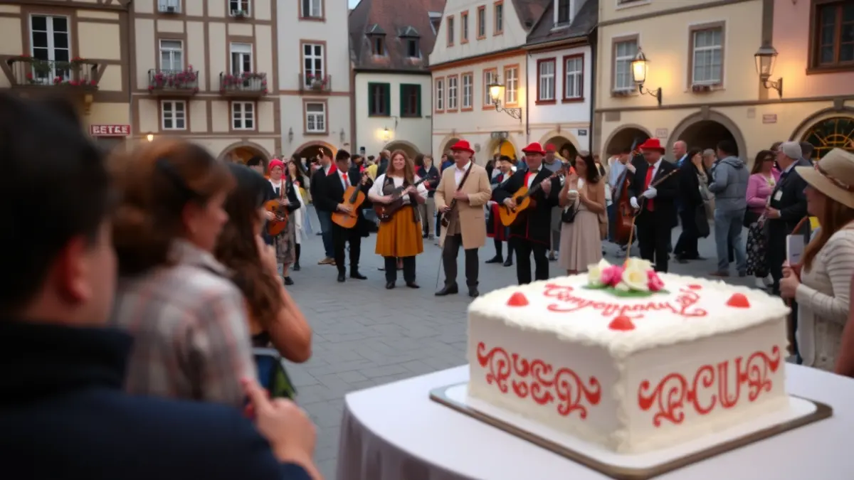 Festive gathering in a historic square in Gipuzkoa, with people and musicians in the background.