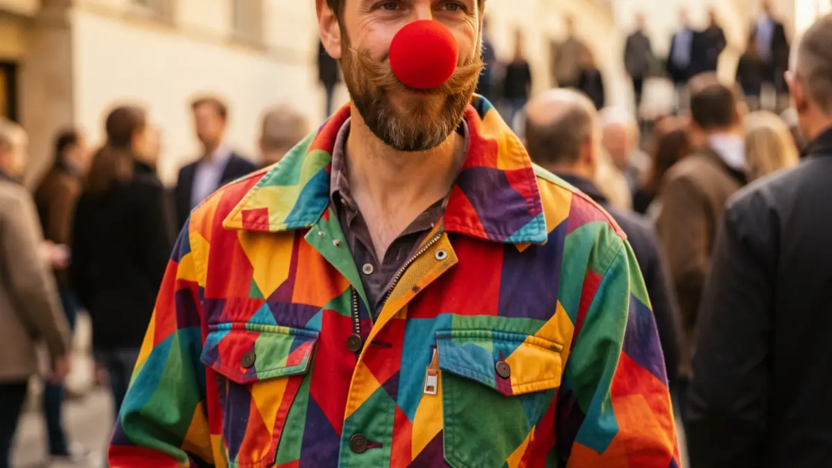 Irudi generikoa: clown baten sudur gorria eta jaka koloretsua.