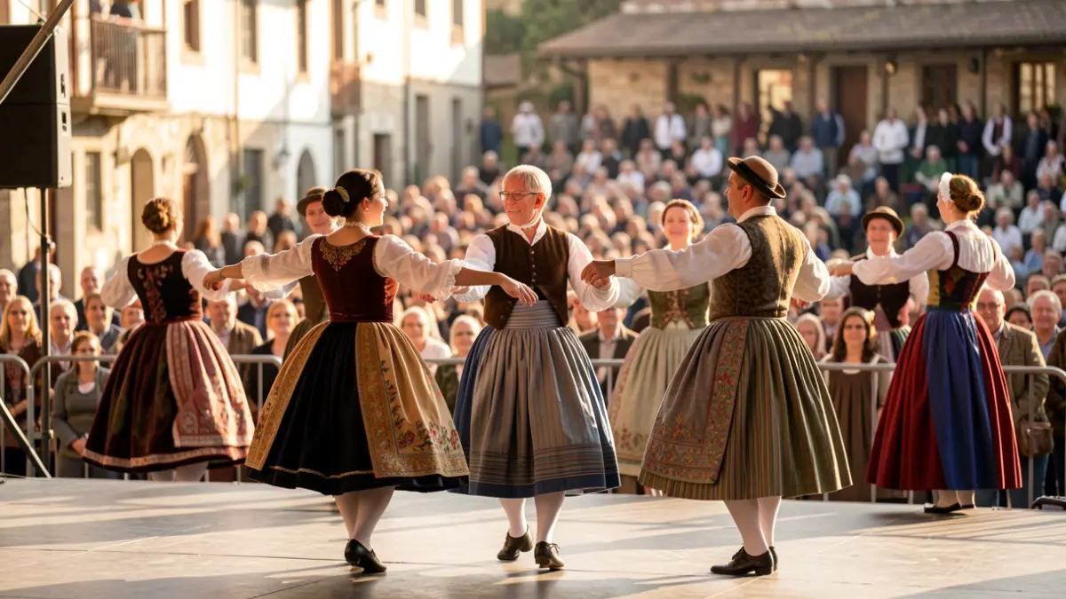 Euskal dantza talde bat emanaldia eskaintzen, kultur ekitaldi baten giroan.