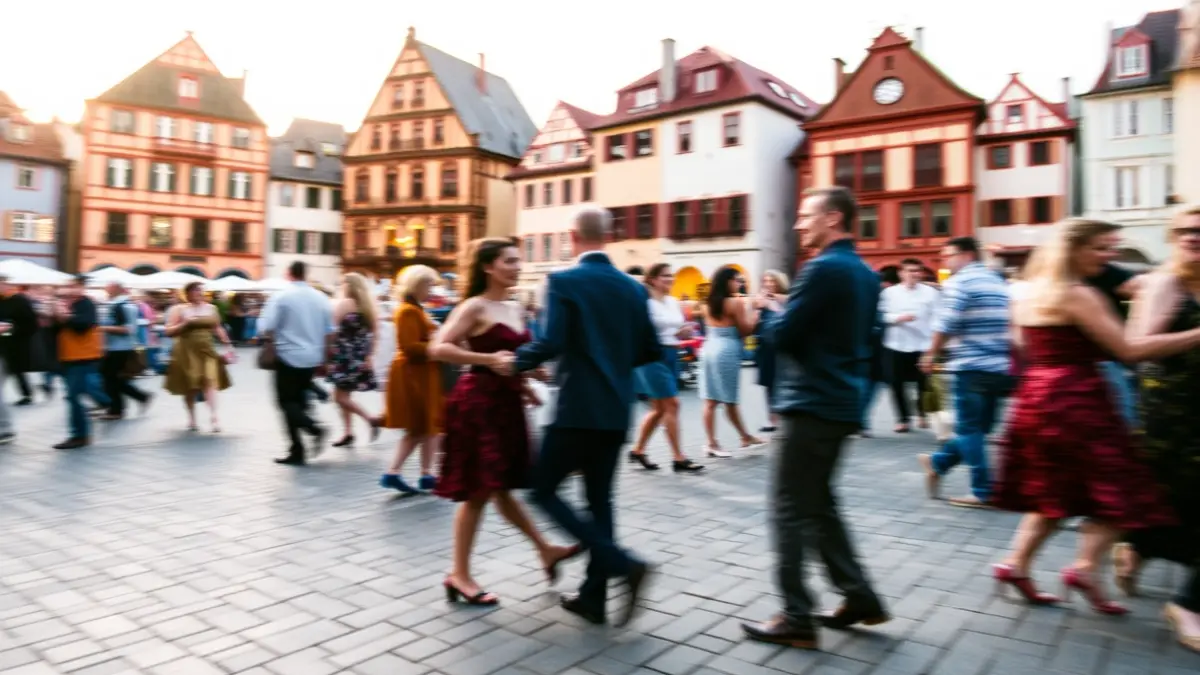 Irudi generikoa jendea dantzan Euskadiko plaza batean, arkitektura tradizionalarekin atzealdean.