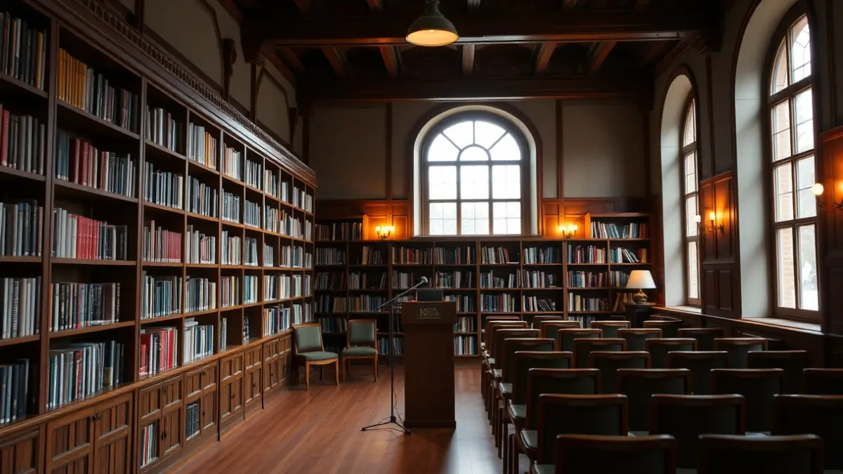 Imagen genérica: Interior de una biblioteca con un pequeño podio con micrófono y sillas vacías.