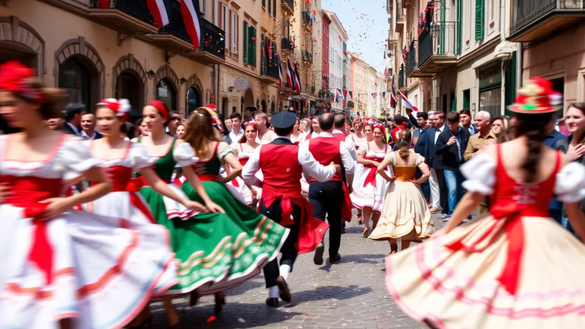 Generic image of the Dantzari Txiki Eguna celebration, with children dancing in the street.