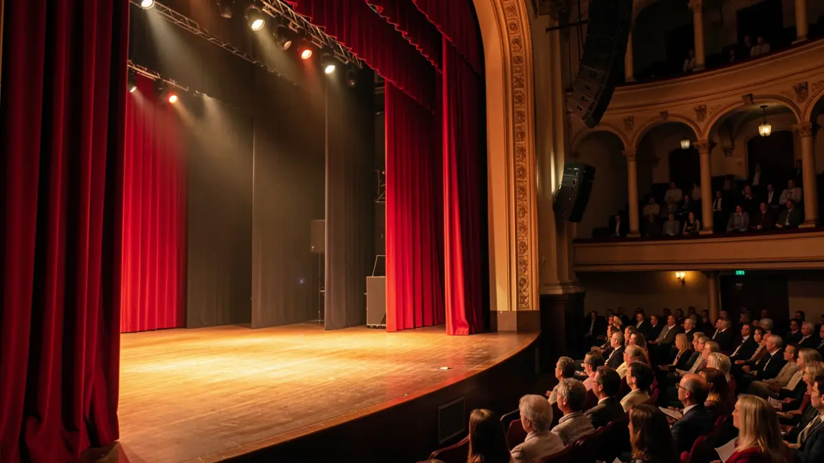 A theater stage, with curtains open and illuminated.