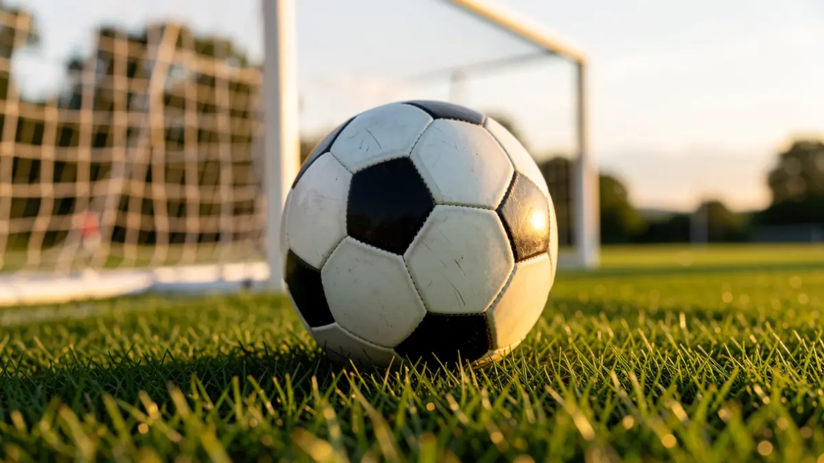 Balón de fútbol sobre césped, con la red de la portería desenfocada.