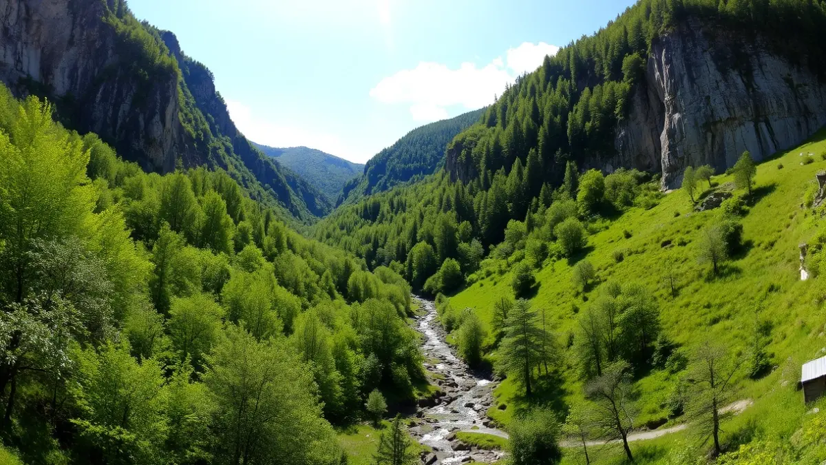 Imagen genérica de un valle verde en Álava, con paredes rocosas y bosques densos.