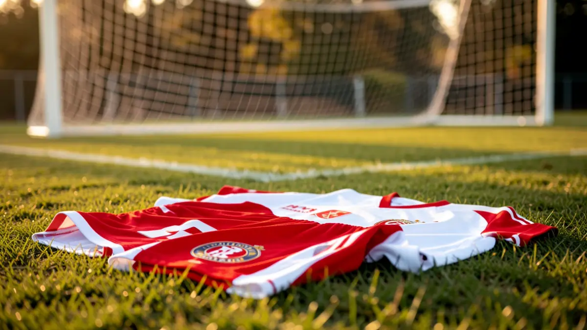 Imagen genérica: Camiseta y pantalón del Athletic Club rojiblanco sobre césped verde, con la red de la portería blanca desenfocada.