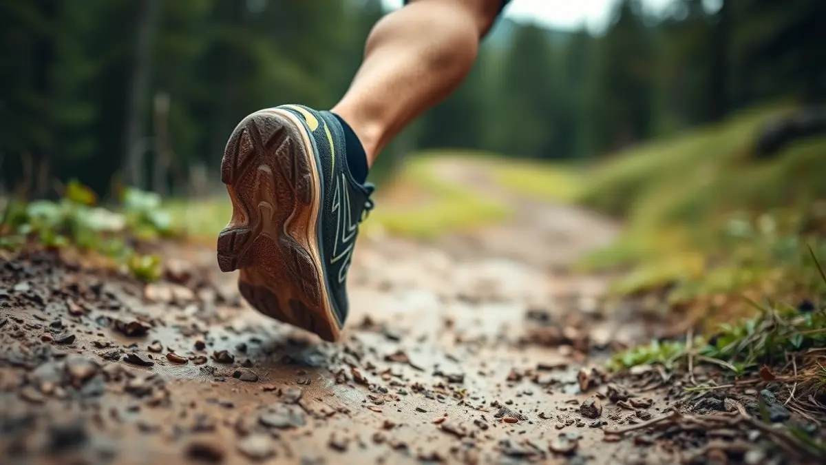 Imagen genérica de una zapatilla de trail running en un sendero embarrado, con bosque verde de fondo.