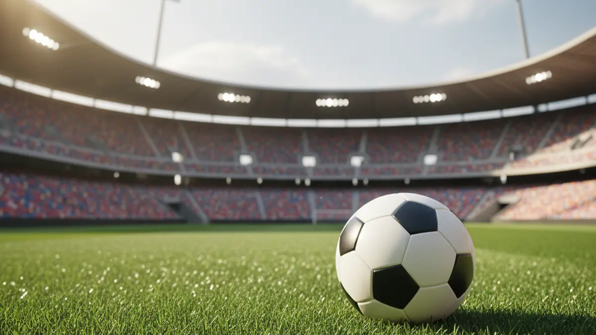 Generic image of a soccer ball on a stadium pitch, with blurred stadium seating and lights in the background.