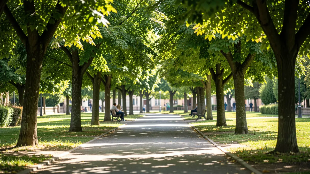 Itzalpeko parke baten bidea, zuhaitz berdeekin.