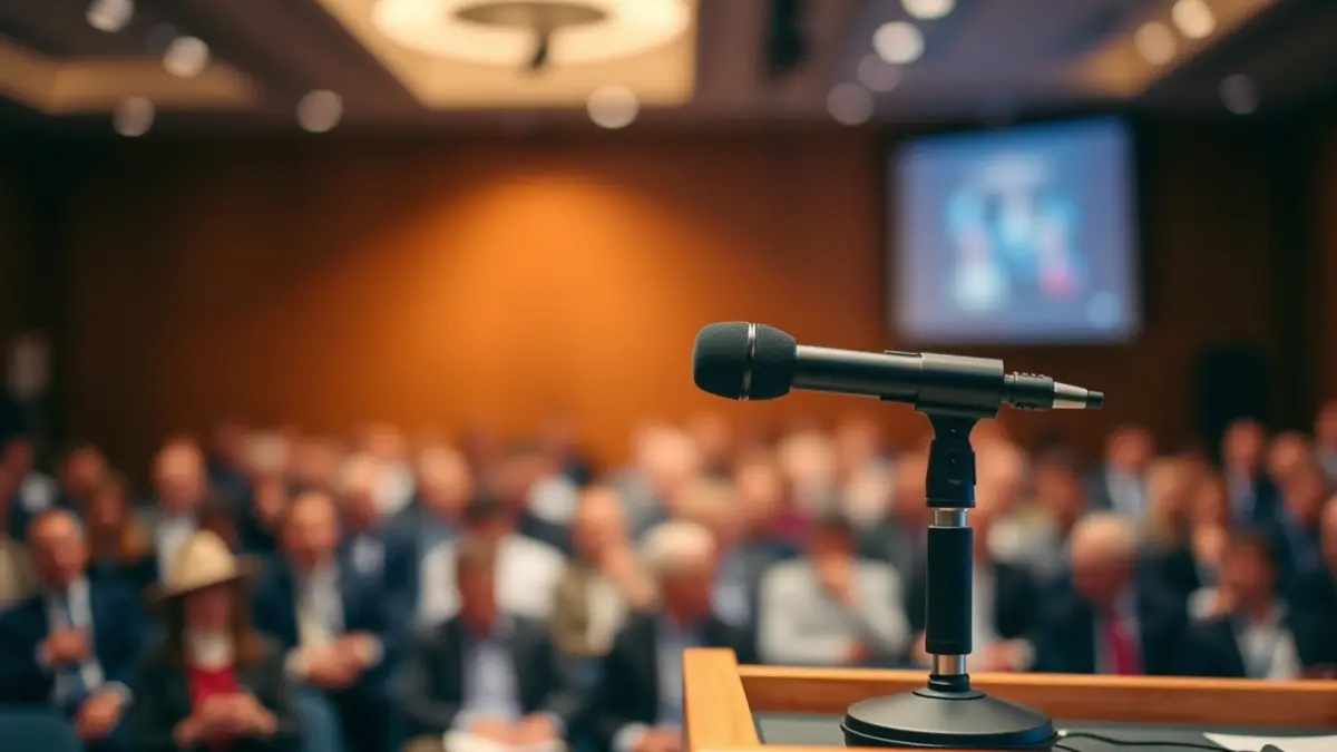 Un micrófono en un podio en una sala de conferencias, con el público difuminado al fondo.