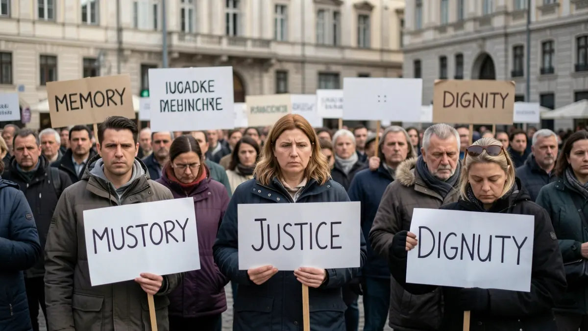 Imagen genérica de una concentración de personas en una plaza de Euskadi, con carteles que dicen 'Memoria', 'Justicia' y 'Dignidad'.