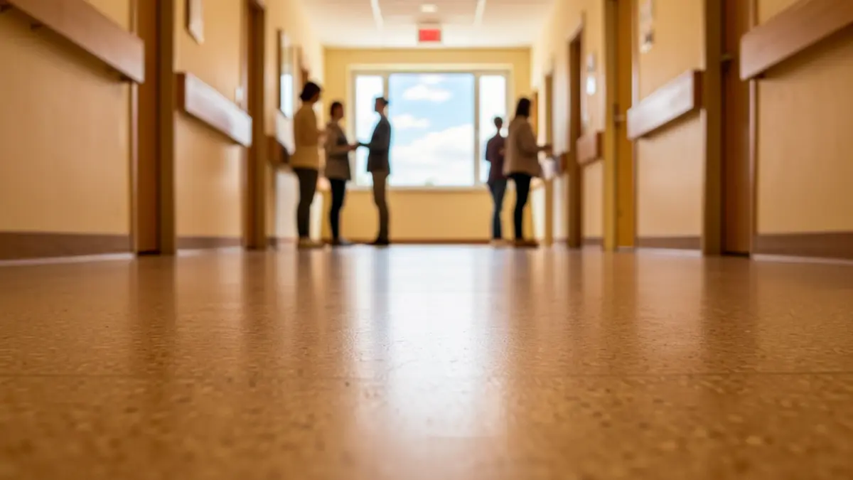 Imagen genérica de un pasillo de hospital con figuras difuminadas al fondo.