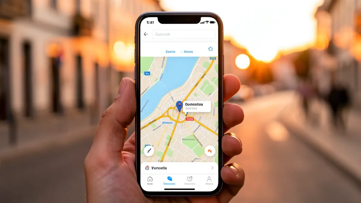 Pantalla de smartphone con una aplicación de taxi y mapa de Donostia.