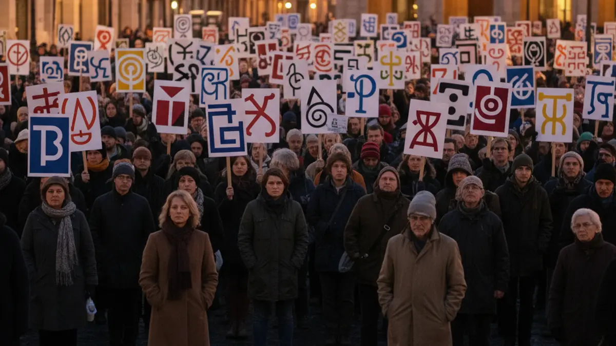 Generic image of a crowd gathering in a town square at dusk.