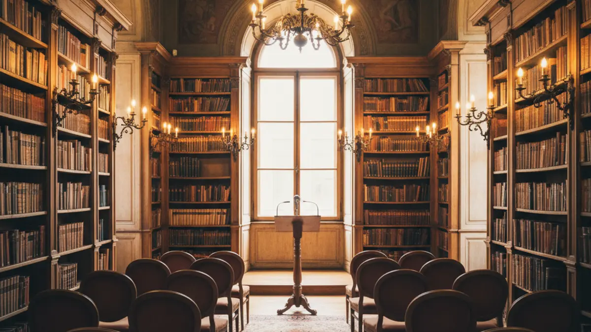 Generic image of a library interior with wooden bookshelves and a microphone.