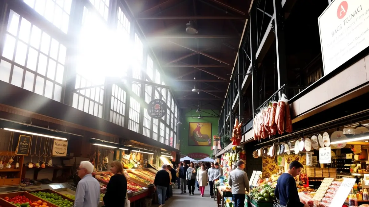 Interior del mercado de Durango, con puestos y gente.