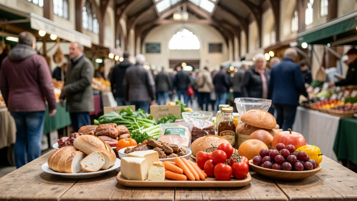 Local food products on a wooden table at a market.