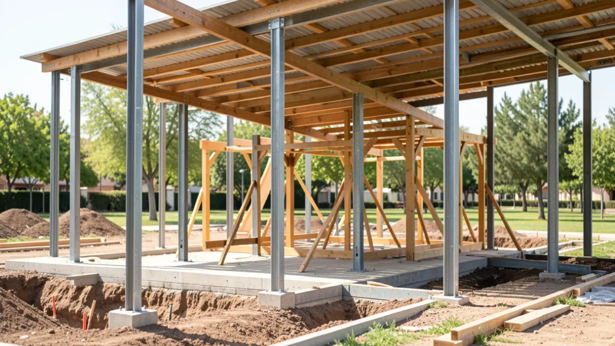 Construction site of the San Ignacio park cover in Durango. Metal pillars and wooden structure are being installed.