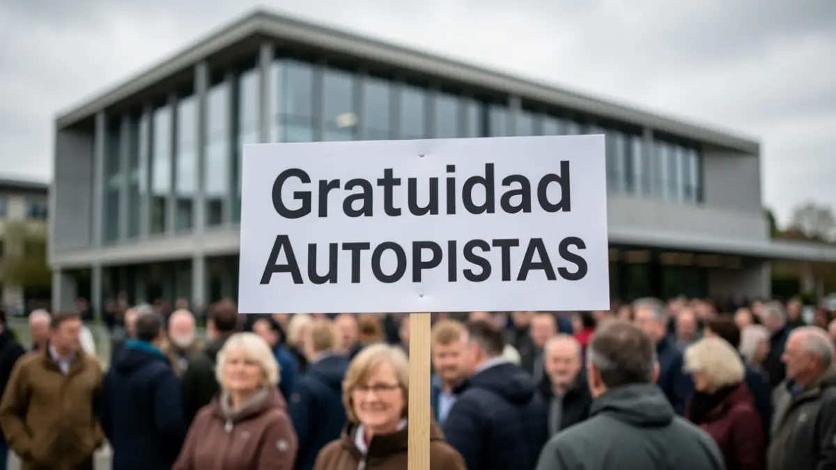 Imagen genérica: Una pancarta con el lema 'Gratuidad Autopistas' frente a la fachada de un edificio moderno en Euskadi.