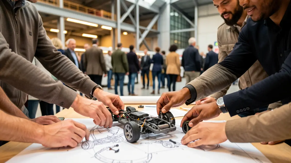A group of hands placing components onto a car chassis blueprint.