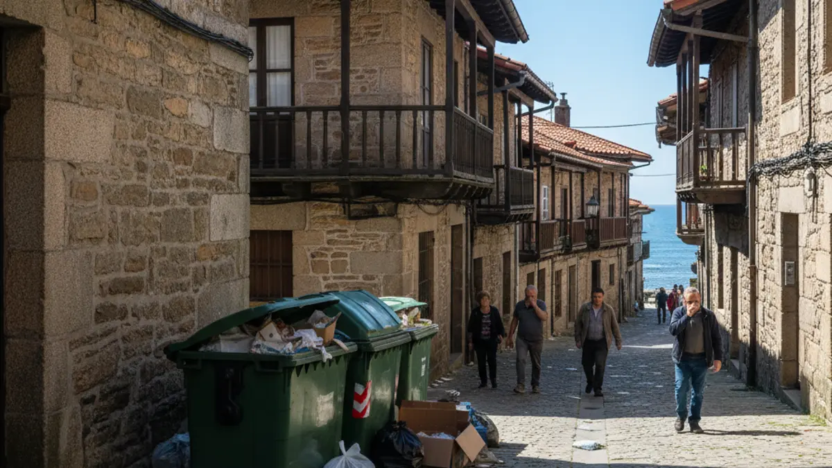 Generic image of a street in Getaria with accumulated trash and overflowing containers.
