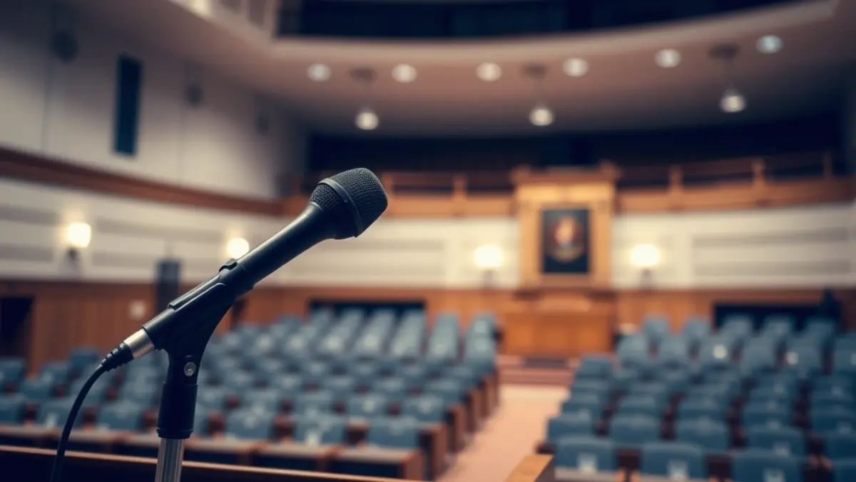 Un micrófono en un podio en una sala de ayuntamiento, esperando un anuncio político.