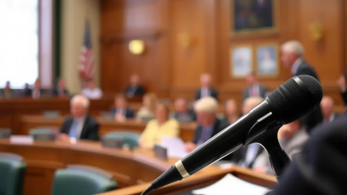 A microphone in a municipal council chamber, suggesting a political debate.