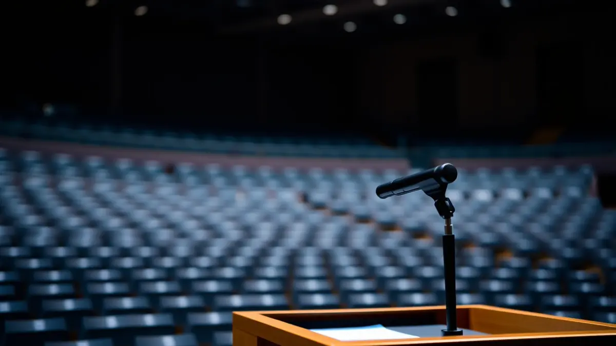 Generic image of a microphone on a podium in an empty assembly hall.
