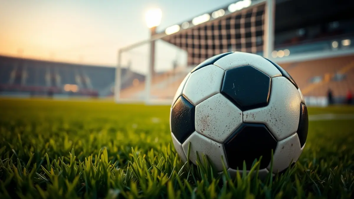 Generic image of a soccer ball on a field, with a blurred goal net in the background.