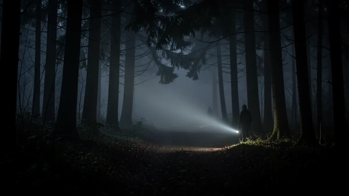 Generic illustration of a forest path at night, illuminated by a flashlight.