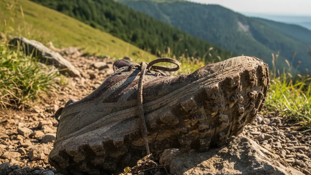 Generic image of a trail runner's muddy shoe on a mountain path, with green hills in the background.